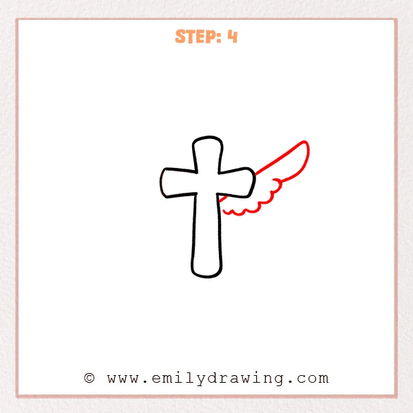 how to draw a cross with wings - A rounded cross with a single right wing added, showing a curved outer edge and scalloped feather shapes.